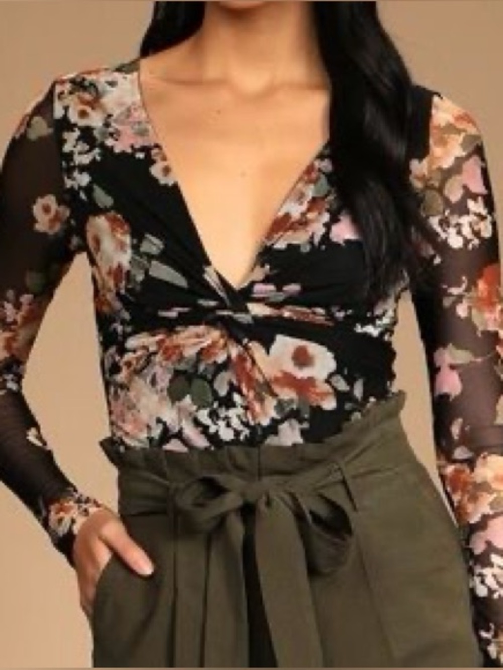 Lulus black dark floral print mesh long sleeve deep v neck thong bodysuit size L